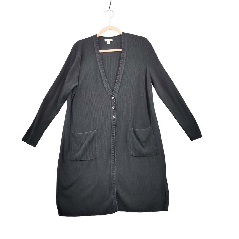 J. Jill Women Minimalist Cotton Silk Duster Cardigan L Black Ribbed Long Sweater